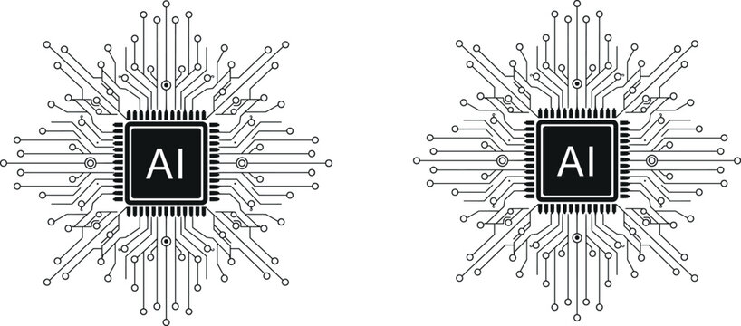 Artificial intelligence AI processor microchip icon with intricate circuit board branches for future technology neural network and digital computing automation