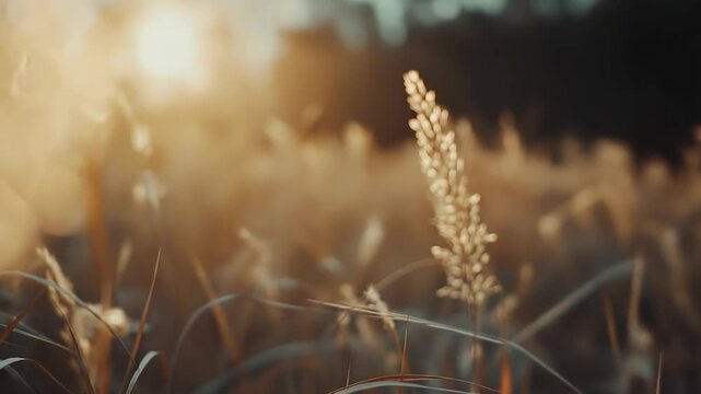 Dry grass panicles catch the warm golden light of a setting sun, creating a soft focus background and ethereal atmosphere in a tranquil natural landscape