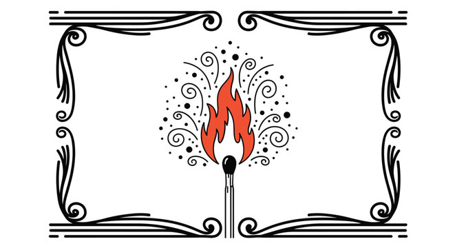 Artistic illustration of a lit match stick with a bright orange flame surrounded by decorative swirls and dots within a frame.