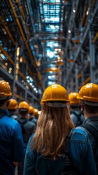 Workers in hard hats look upward inside a large industrial facility