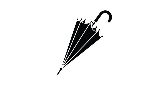 Solid black silhouette of a closed umbrella angled diagonally with a curved handle isolated on a plain white background.