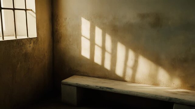 Empty cell interior featuring a barred window, casting strong sunlight shadows across a desolate concrete wall and a simple stone bench, symbolizing confinement and hope