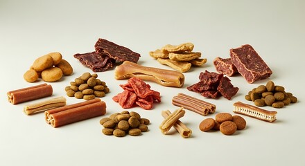 A variety of dog treats arranged on a plain background