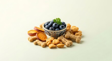 Healthy dog treats with blueberries and sweet potato slices