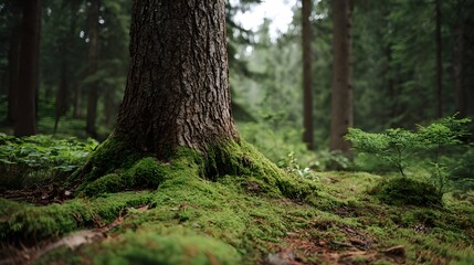 Obraz premium Close up of a moss covered tree trunk base in a lush green forest