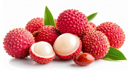 A vibrant group of lychees, some peeled, featuring their translucent flesh and seed.