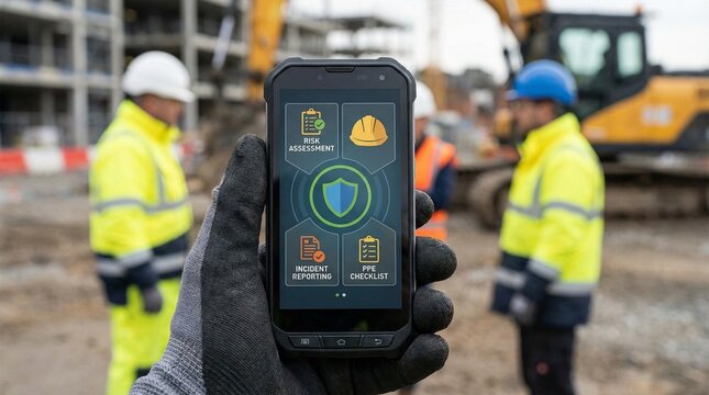 Construction site safety app on rugged smartphone with workers in high visibility clothing in background