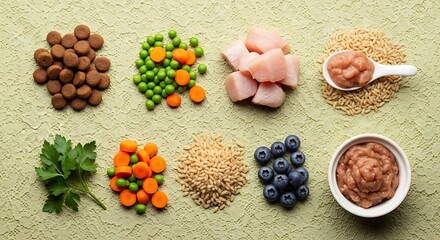Healthy pet food ingredients laid out on a textured surface