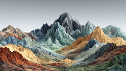 Majestic Mountainscape: A breathtaking panorama of colorful, towering mountains stretching towards the vast sky, showcasing nature's artistic grandeur and geological formations.