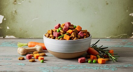 A bowl of dog food with carrots, peas, and a bone
