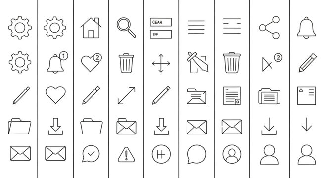 Large outline user interface icon set with home, search, messages, files, settings and notification symbols vector illustration