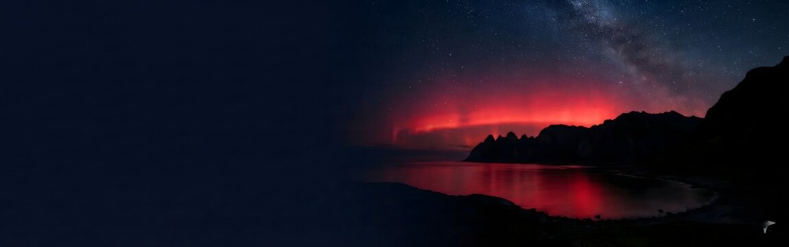 Night Sky with Red Aurora Borealis and Mountain Reflections