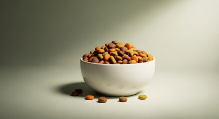Wholesome and Nutritious Dry Pet Food Kibble in a White Bowl, Essential for Animal Health and Balanced Diet
