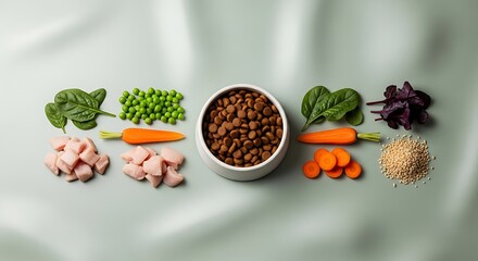Wholesome Pet Nutrition A Balanced Composition of Dry Food, Fresh Meats, and Vibrant Vegetables for Optimal Animal Health
