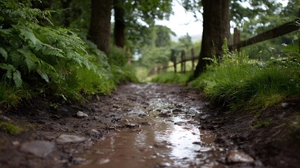 Obraz premium A muddy forest path with puddles surrounded by green ferns and trees after a rain shower