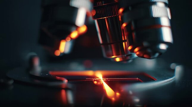 Microscope Examining Specimen with Bright Orange Light, Laboratory Setting