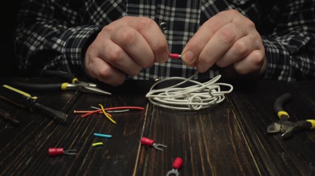 Hands assembling electrical connectors with wires and tools on wooden table, showcasing detailed steps in a DIY project for wiring connections