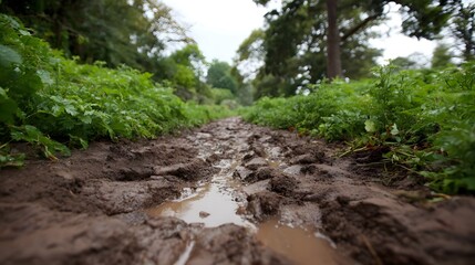 Fototapeta premium A low angle view of a deeply rutted muddy path with puddles bordered by lush green vegetation under an overcast sky