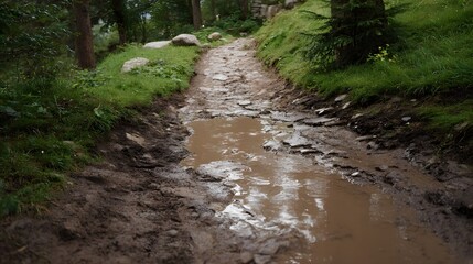 Muddy forest trail with a large water puddle and rough stones after recent rain