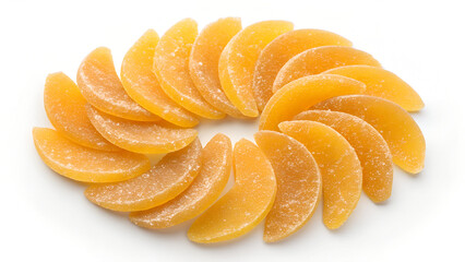 Candied mango slices set isolated on white background, top view