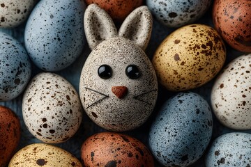 Obraz premium Easter Celebration: Unique Speckled Eggs with a Creative Bunny Design for Festive Decor