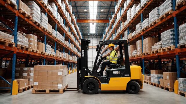 Professional warehouse worker operating a forklift moving cargo representing global supply chain logistics e-commerce fulfillment and industrial distribution management
