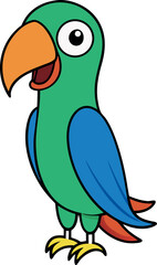 Cute cartoon illustration of a vibrant green parrot with bright blue wings and an orange beak standing upright isolated on a white background showcasing tropical pet bird character design.