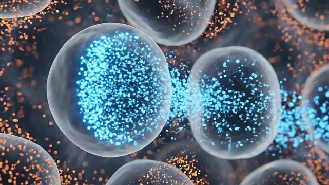 Fluid shifting due to sodium imbalance. High sodium extracellular fluid pulls glowing water molecules outward from cells; low sodium pushes water inward, creating soft swelling gradients