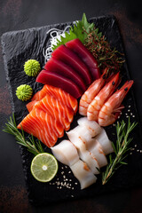 Assorted Sashimi on Dark Stone Slate with Lime and Wasabi
