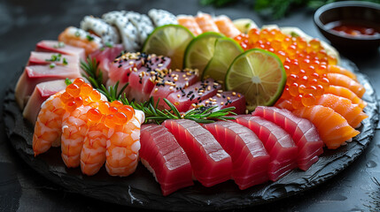 Assorted Sashimi on Dark Stone Slate with Lime and Wasabi