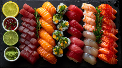 Assorted Sashimi on Dark Stone Slate with Lime and Wasabi
