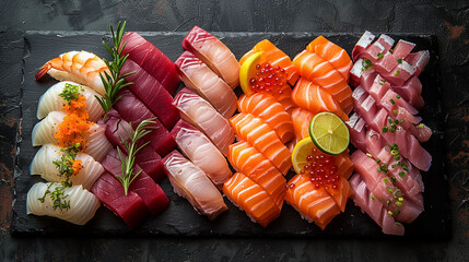 Assorted Sashimi on Dark Stone Slate with Lime and Wasabi