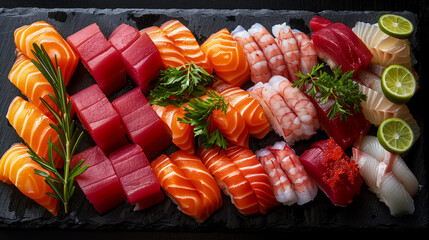 Assorted Sashimi on Dark Stone Slate with Lime and Wasabi