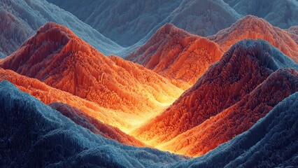 Vibrant Mountain Range: Witness a mesmerizing landscape of towering mountain ridges, bathed in an ethereal blend of warm and cool hues, embodying a sense of mystery and grandeur.