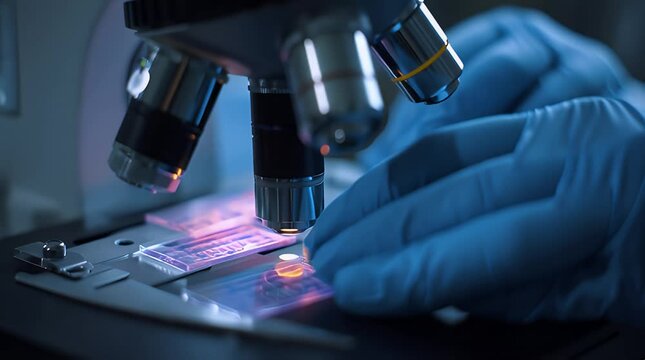 Scientist using a precision microscope to examine biological samples, conducting vital research in a modern laboratory setting