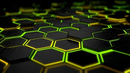 Abstract Hexagonal Grid: A visually arresting composition of dark hexagonal tiles illuminated by a vibrant network of green and yellow light.