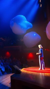 Captivating Presentation in a Dazzling Theater Setting with Engaging Speaker and Dramatic Lighting, Inspiring Audience with Innovative Ideas and Visions