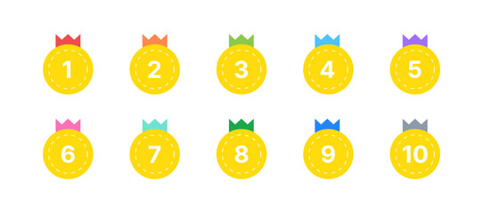 Place Medals with Rainbow Ribbons. Vector Illustration for Sports Awards, Quizzes, and Education Apps