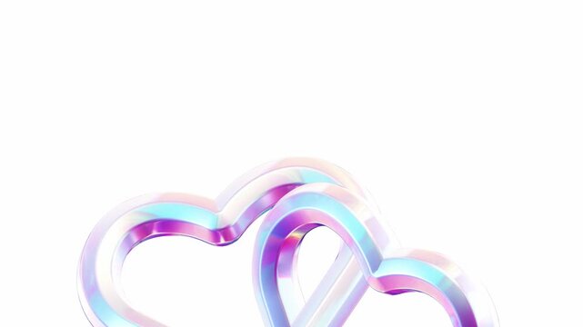 Macro perspective of two interwoven heart forms featuring a luminous pastel color palette and iridescent shine over a plain white backdrop emphasizing texture and curves