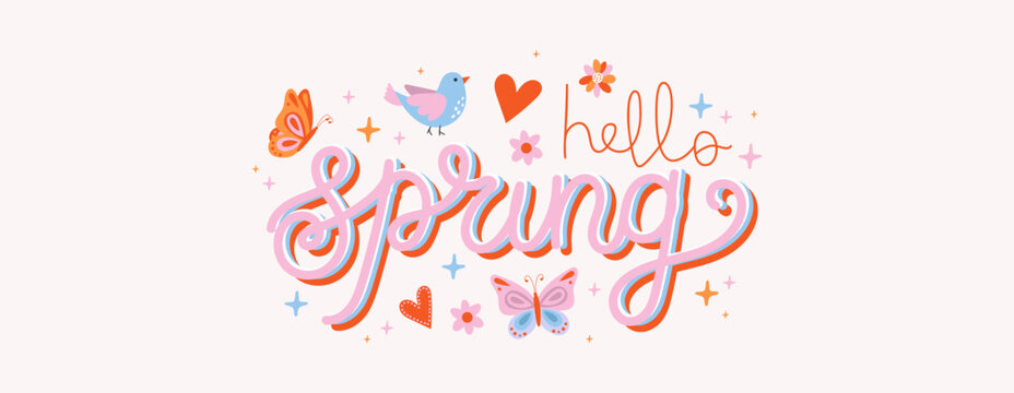 Hello spring! Cute hand-drawn flowers, hearts, with birds and butterflies. Perfect for Easter, birthdays, or Mother&rsquo;s Day. A cheerful floral banner to welcome the season