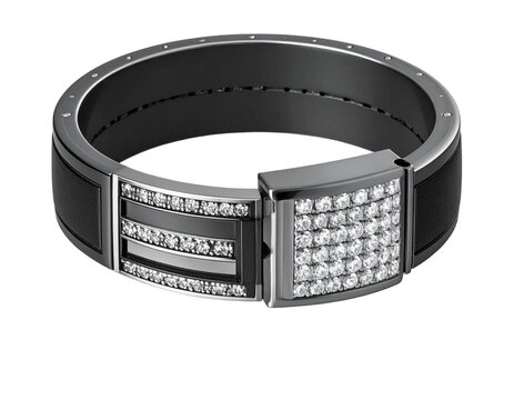 Black metallic cuff bracelet adorned with rows of sparkling cubic zirconia gems