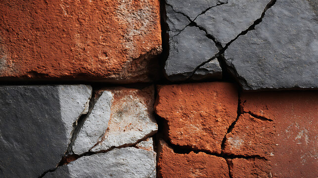 Weathered abstract stone texture featuring cracked red brick and dark slate blocks with rough surfaces, ideal for architectural backgrounds and industrial design projects
