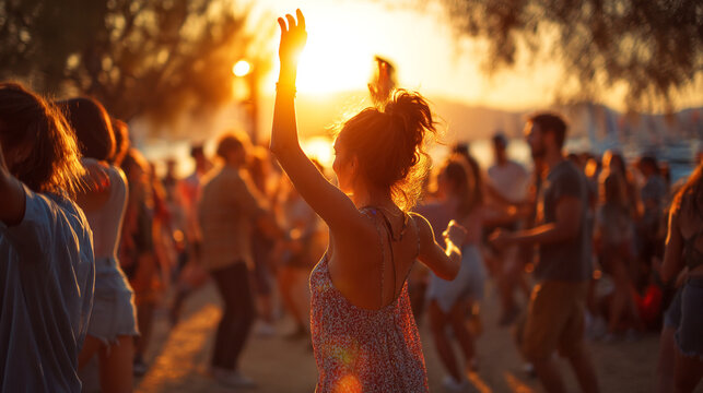 A woman dances with her arm raised in a crowd during a vibrant outdoor festival at sunset