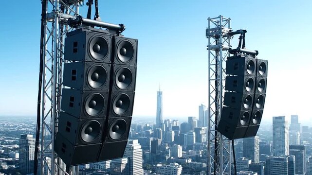 Two speaker stacks suspended high above a cityscape under a blue sky