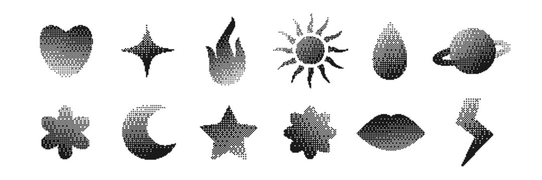 Abstract symbolic icons set with bitmap dithering texture. Retro pixel vector shapes