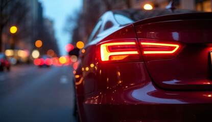 Fototapeta premium Close up of a car red LED taillights shining on a city street.