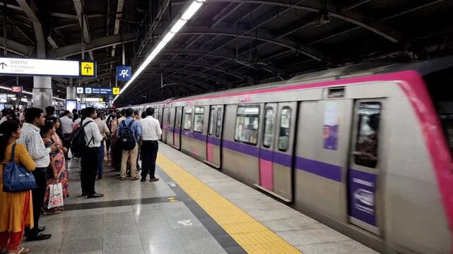 Modern electric metro train arriving at urban station platform representing smart city infrastructure and sustainable mass transit