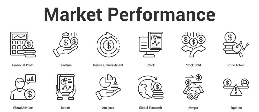 Market Performance icon set editable stroke vector illustration concept for business with icon of Financial Profit, Dividens, Return Of Investment, Stock, Stock Split, Price Action, Visual Advisor,.