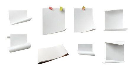 Set of white paper pieces in a random patterns on transparent background note sheets template