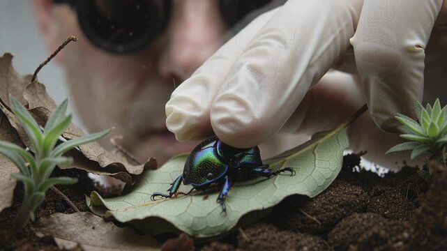 Man in goggles with white gloves carefully observes iridescent beetle on a leaf in a scientific entomology outdoor experiment.